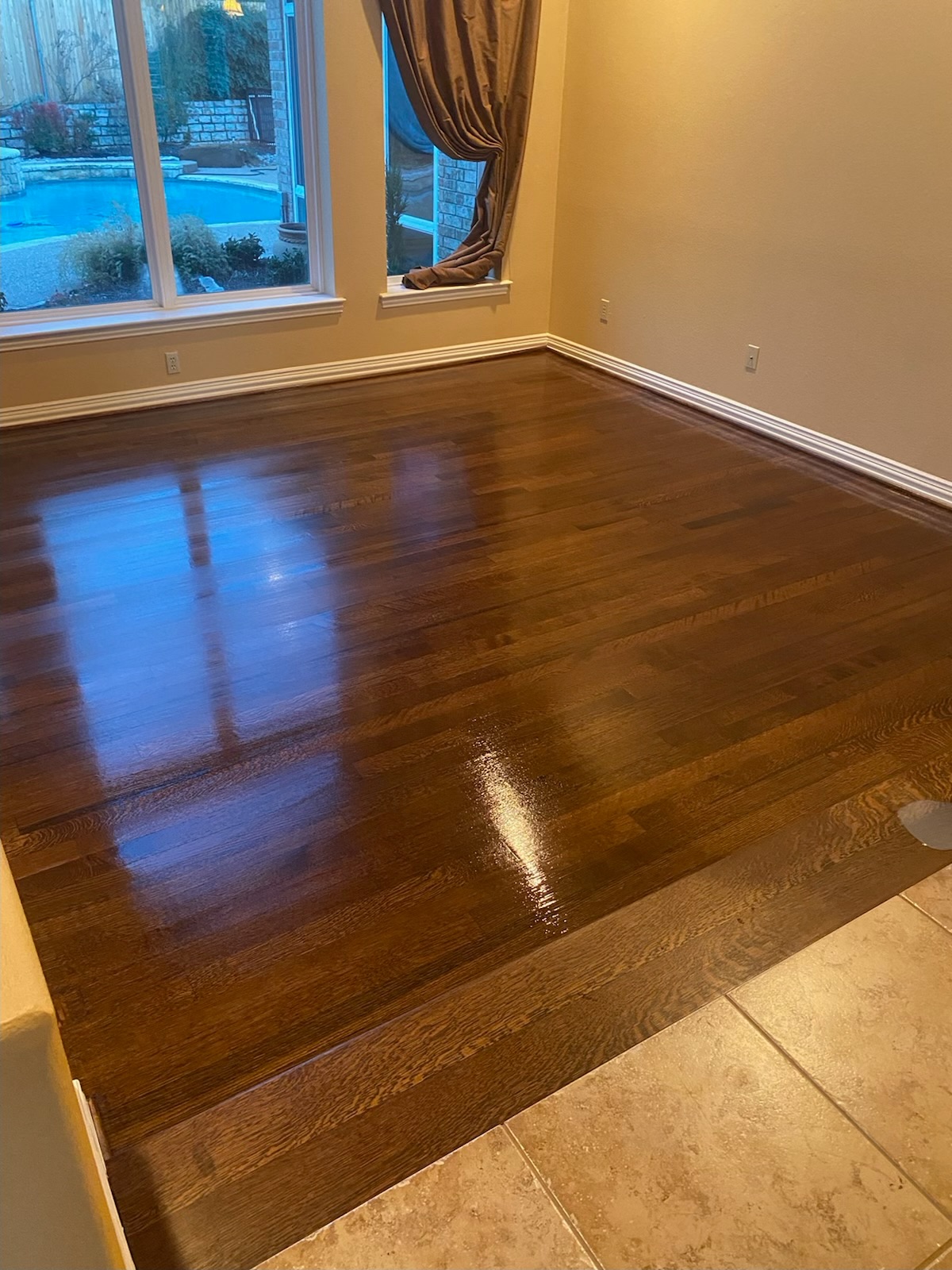 Solid red oak floors stained with coffee brown stain color || Prosper, Tx